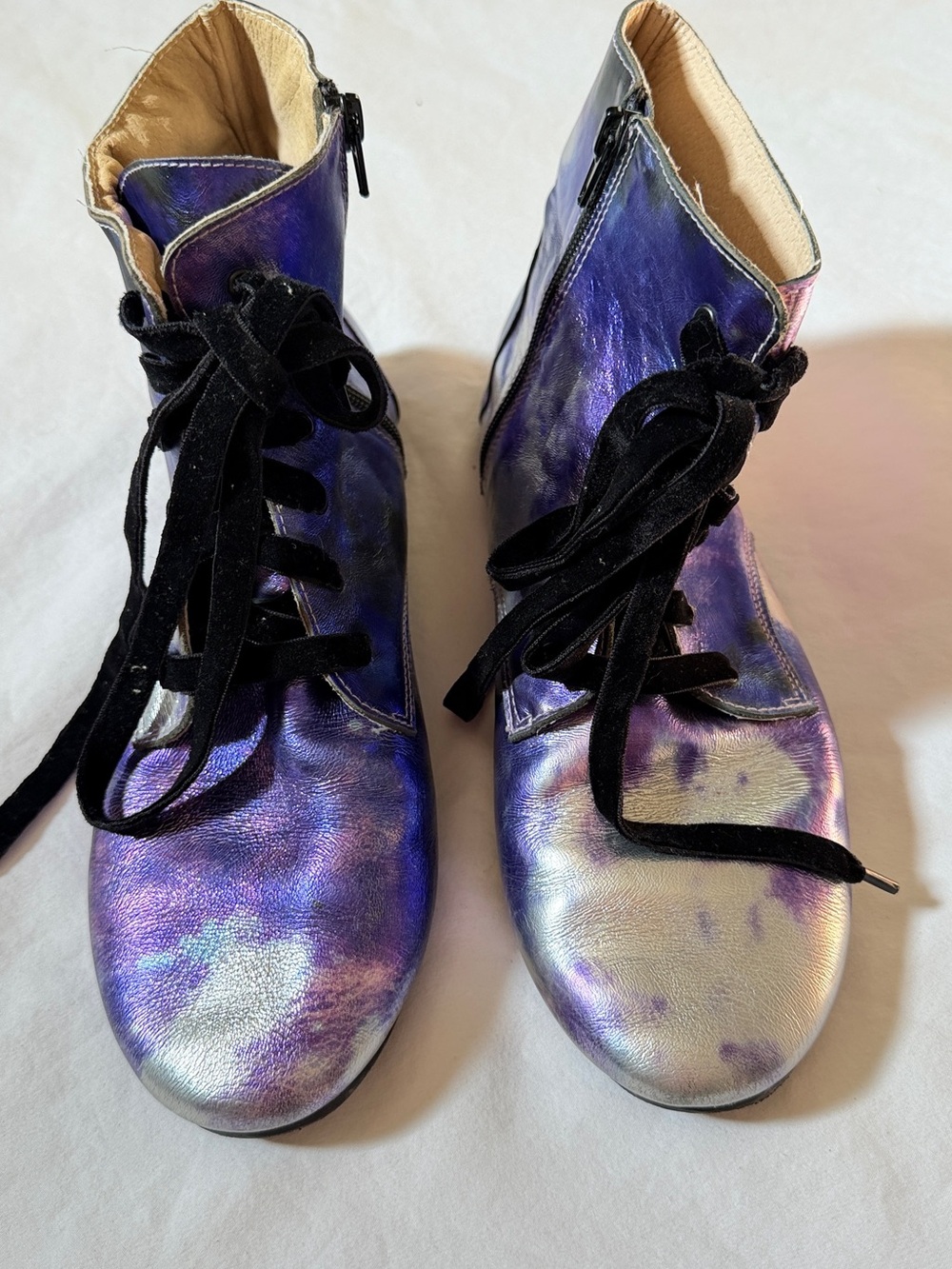 Spellbound EU 42 Purple Iridescent Leather Ankle Boots Lace Up Zip